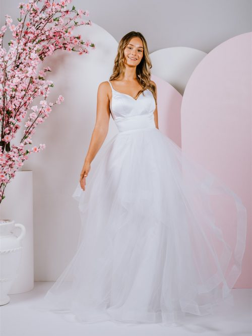 strappy satin bodice with a frilled tulle skirt ballgown