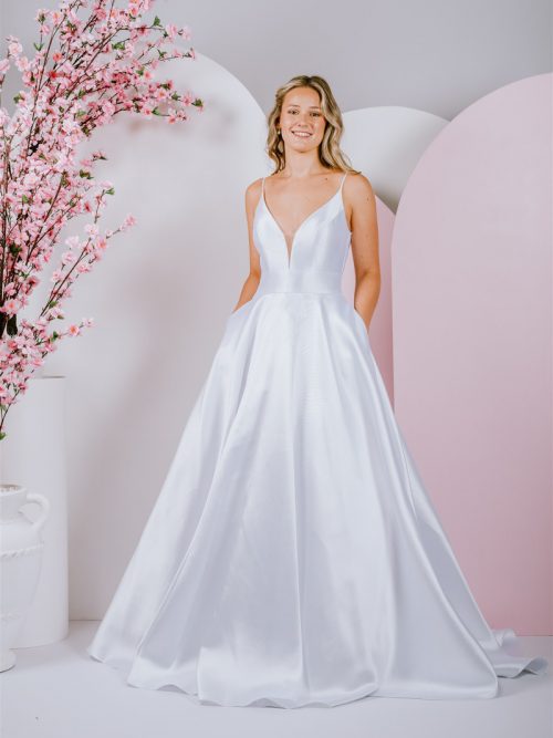 mikado gown with flattering waistline and v neck with straps and low back