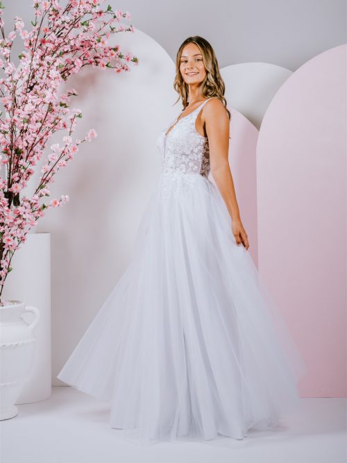 A-line gown with Sweet lace blossoms and trailing vines covering the bodice