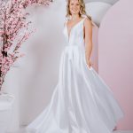 mikado gown with sweet bows on the shoulder and deep v neckline
