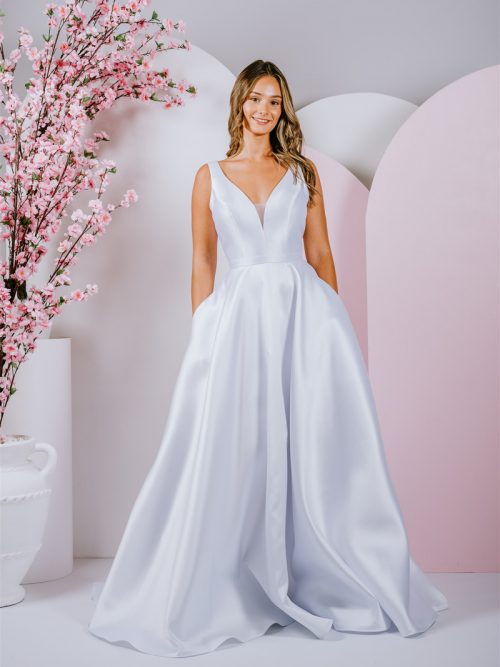Featured bow on the low back with v neck and mikado ballgown