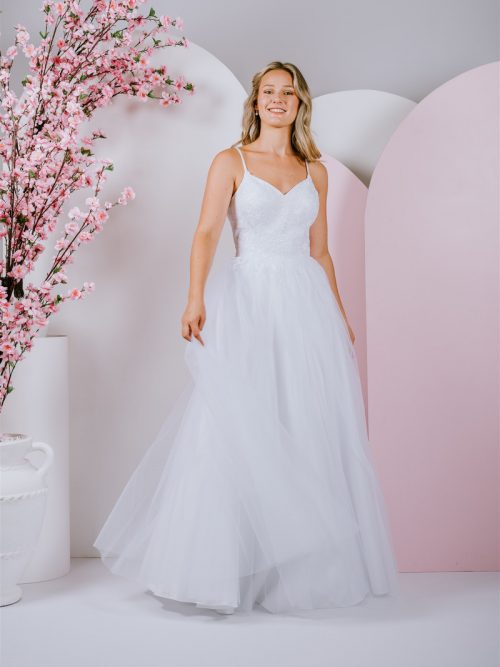 Delicately placed floral lace, with tulle skirt ballgown