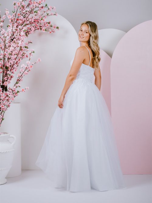 Delicately placed floral lace, with tulle skirt ballgown