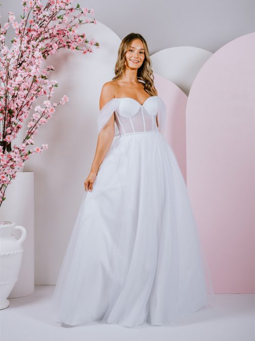 soft draped sleeves ballgown with a translucent bodice