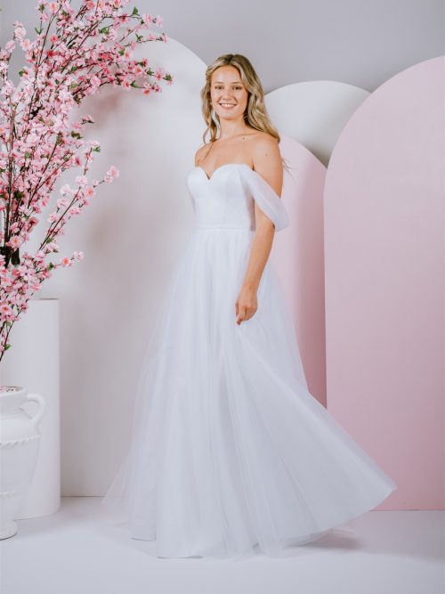 soft draped sleeves with elegant, pleated tulle bodice with exposed boning ballgown