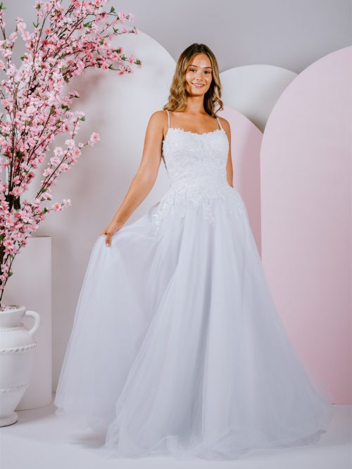 Gown with thin beaded straps with a slight scoop neckline and a gorgeous sheer zip-up back