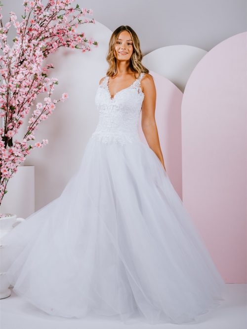ballgown with a modern v-neckline and a soft tulle skirt