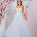 ballgown with Dramatic lace accentuating the strapless sweetheart bodice