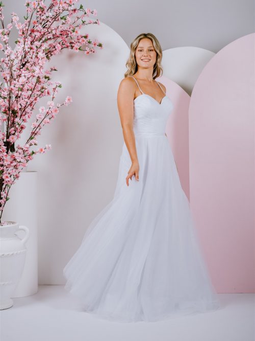 elegant gown, featuring a pleated tulle bodice and soft A-line skirt