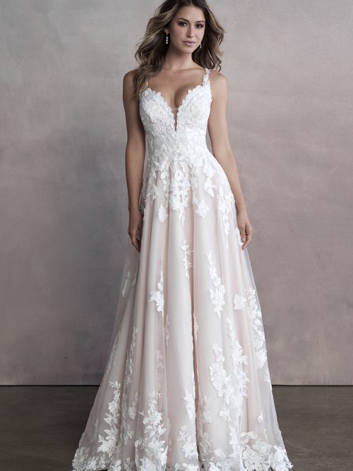9811 Allure Bridals gown gives the illusion of falling blooms and leaves scattered along the aisle