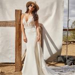 MJ861 'Kalani' Madison James gown pairs breezy cotton lace with a luxe stretch crepe and illusion netting for the train