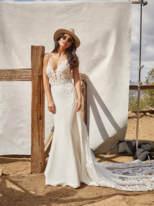 MJ861 'Kalani' Madison James gown pairs breezy cotton lace with a luxe stretch crepe and illusion netting for the train