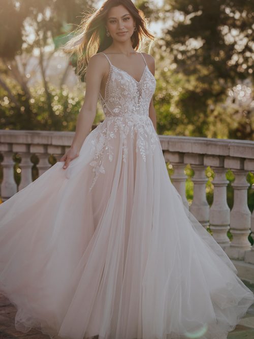 R3657 Allure Romance softly shimmering A-line gown features sequins, beadwork and dimensional lace