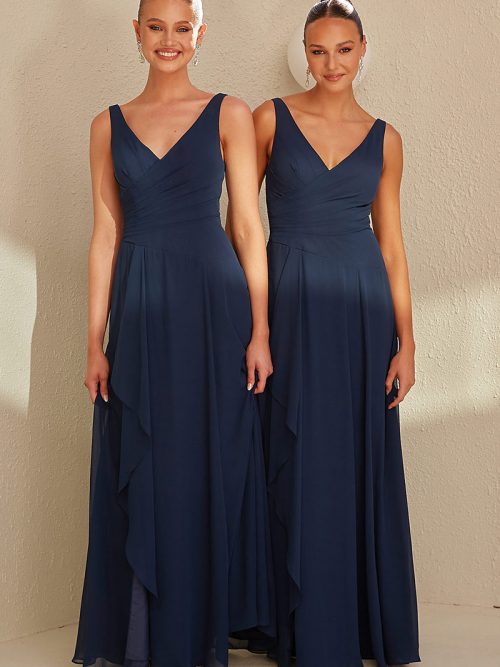 TO2493 Tania Olsen Bridesmaid Dress V-cut neckline with 1-inch wide shoulders and a cross-over bust draping