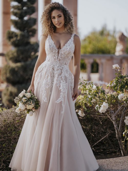 sleeveless A-line gown.