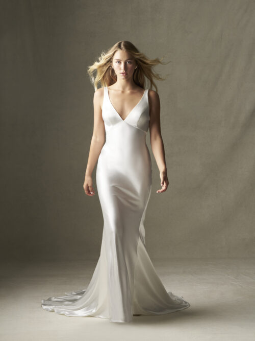 F406 Wilderly Bridal Azul Satin Sheath Bridal Gown