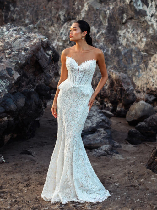 F412 Wilderly Bridal Indigo Lace Fit and Flare Gown